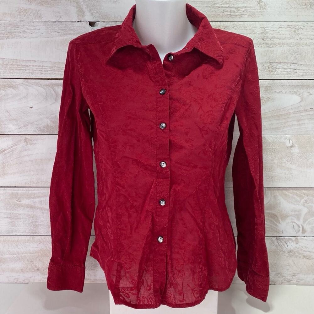 J. JILL Crimson Red Velvet Textured Flocked Floral Button Up Blouse Top Size XS